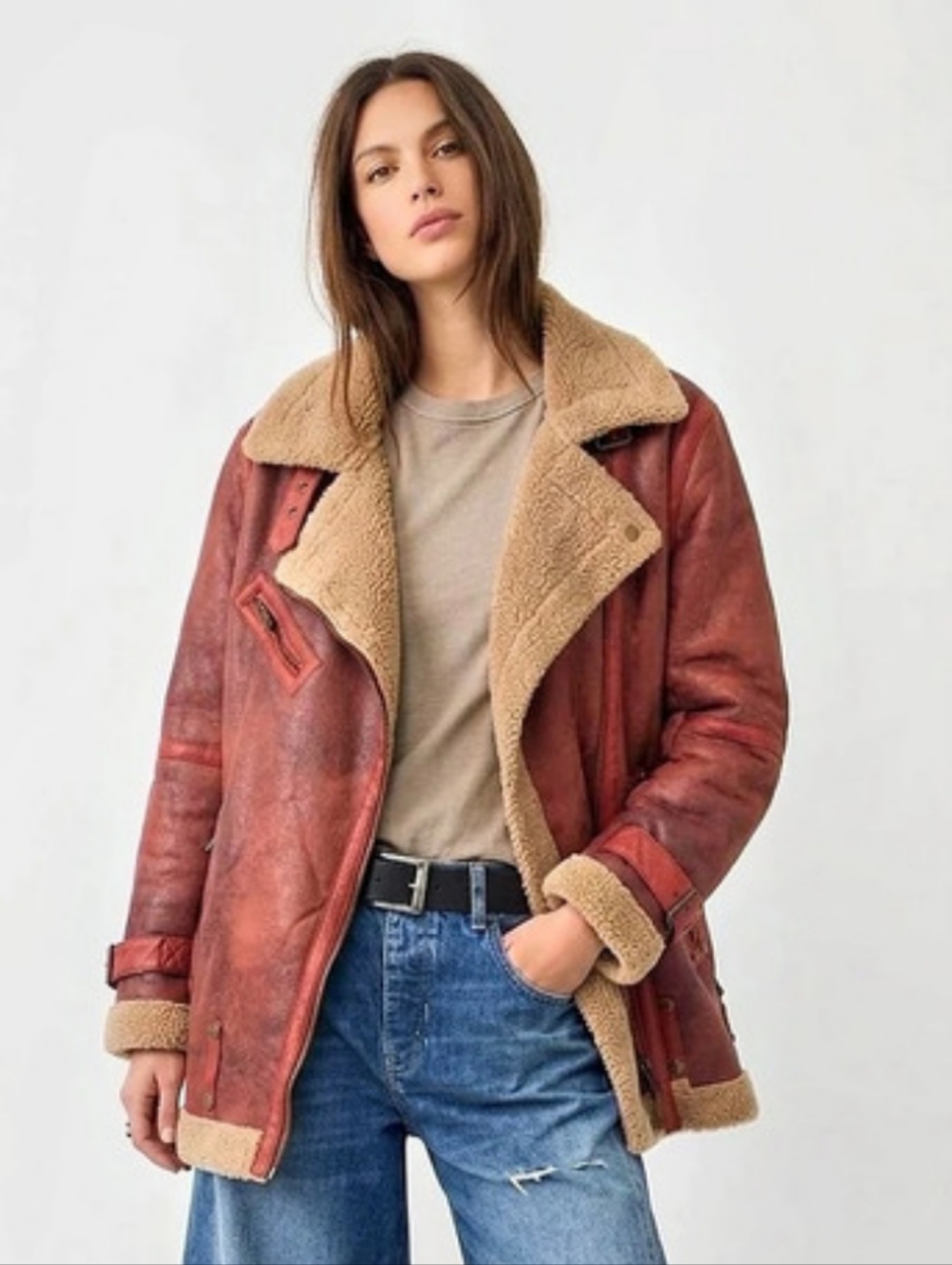 Urban Outfitters Faux Shearling Leather Jacket Reddish Brown Medium